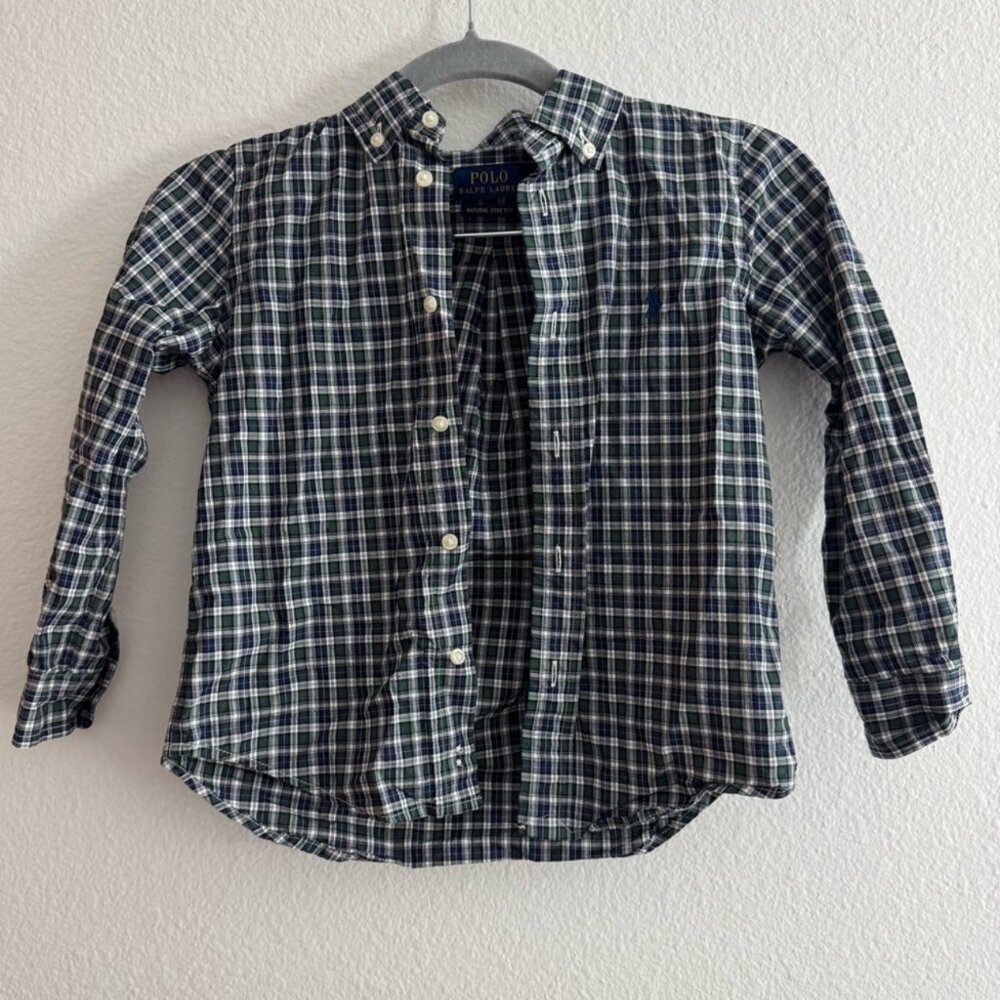 Polo Ralph Lauren Youth Boys Green and Navy Plaid Long Sleeve Size 5